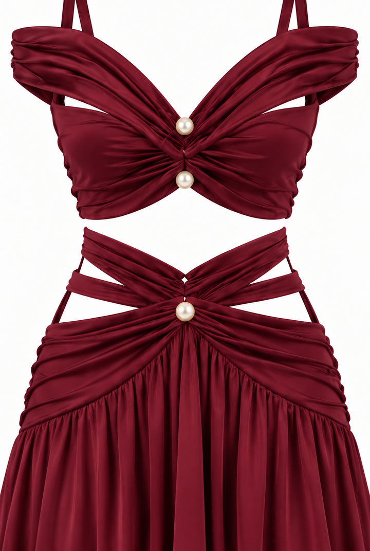 Women's Burgundy Two-Piece Maxi Set with Pearl Details & Draped Design