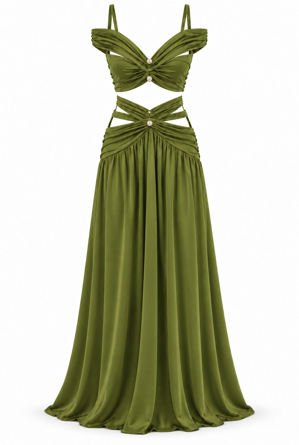 Women's Olive Green Two-Piece Maxi Set with Pearl Details & Draped Design