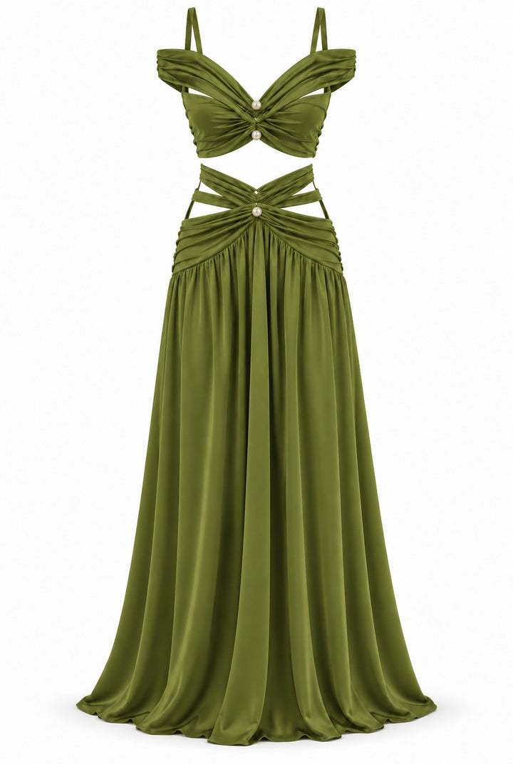 Women's Olive Green Two-Piece Maxi Set with Pearl Details & Draped Design