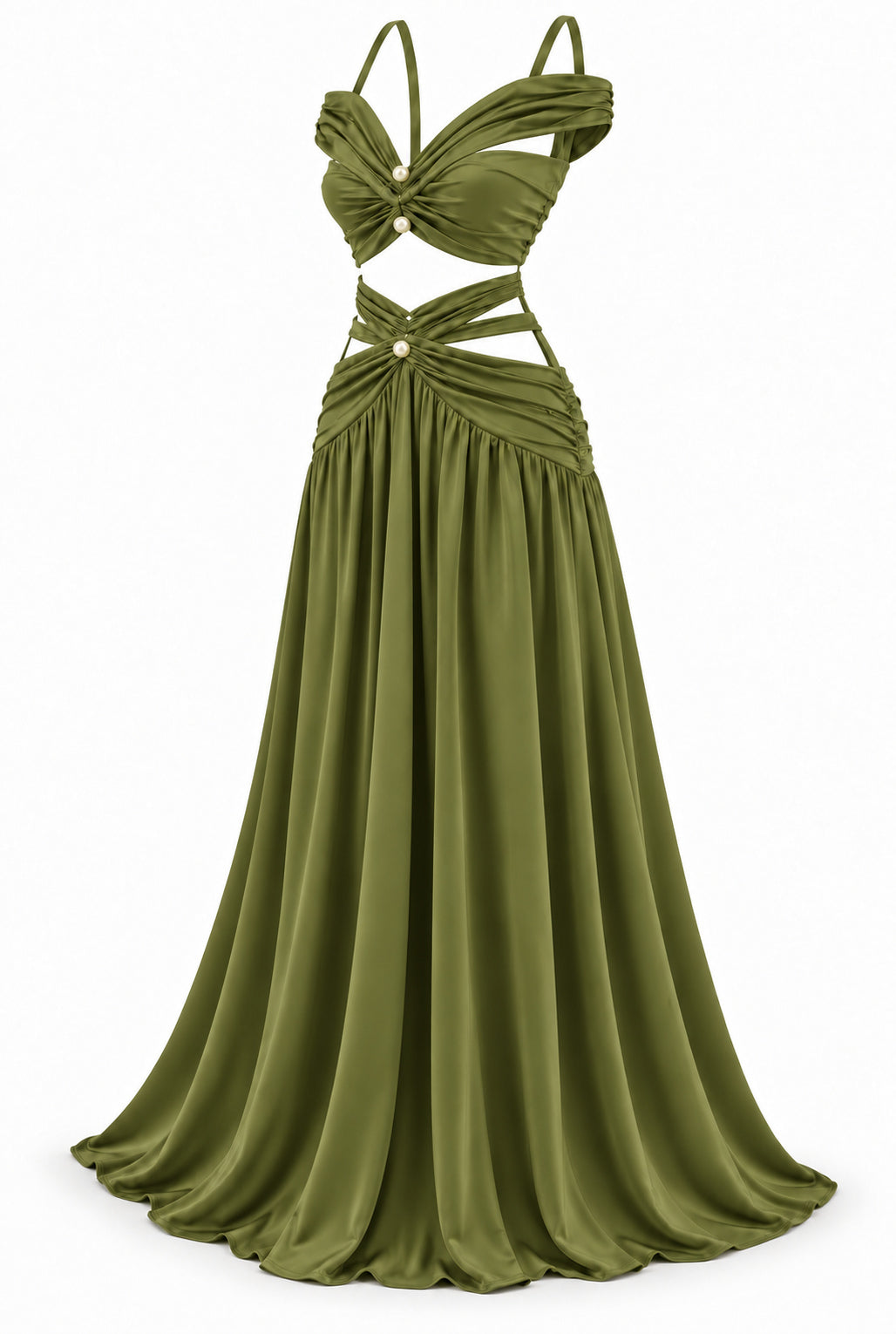 Women's Olive Green Two-Piece Maxi Set with Pearl Details & Draped Design