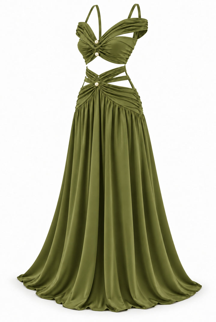 Women's Olive Green Two-Piece Maxi Set with Pearl Details & Draped Design