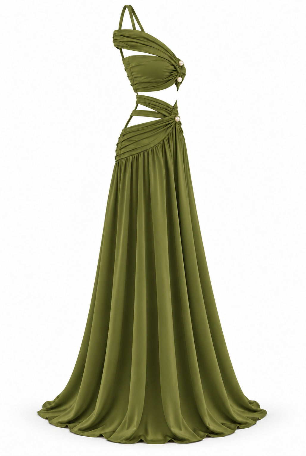Women's Olive Green Two-Piece Maxi Set with Pearl Details & Draped Design