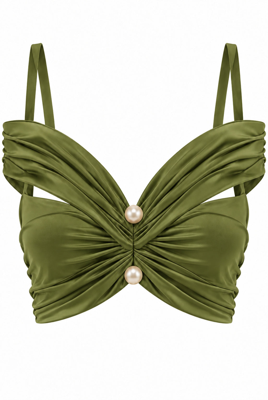 Women's Olive Green Two-Piece Maxi Set with Pearl Details & Draped Design