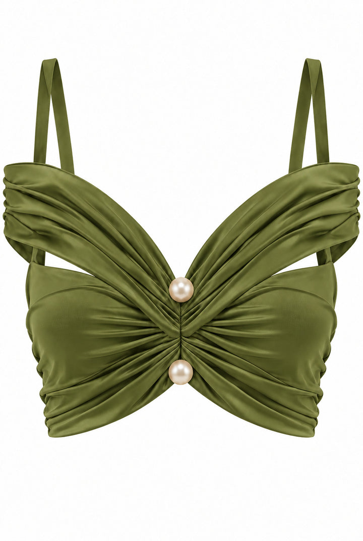 Women's Olive Green Two-Piece Maxi Set with Pearl Details & Draped Design