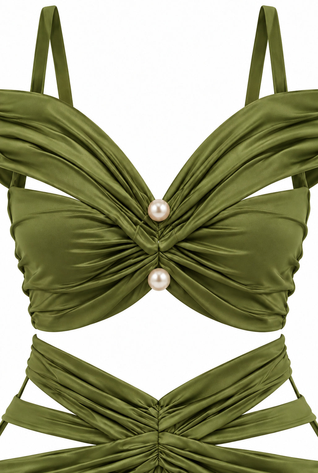 Women's Olive Green Two-Piece Maxi Set with Pearl Details & Draped Design
