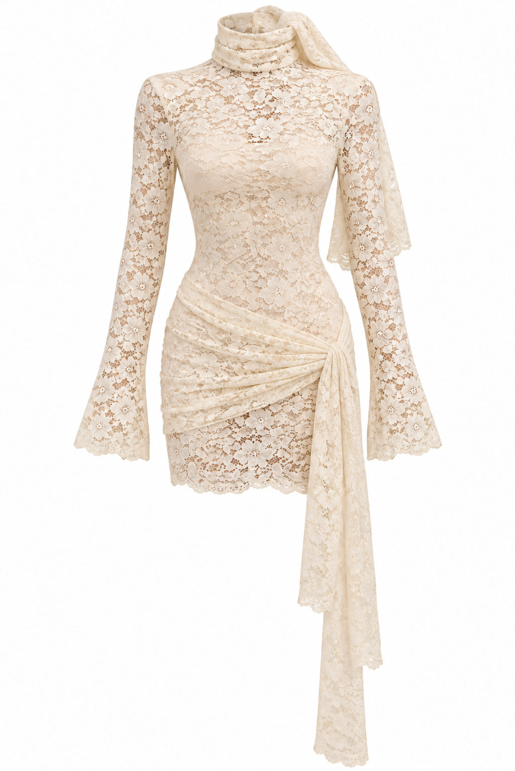 Women's Ivory Floral Lace Mini Dress with High Neck Draped Sash