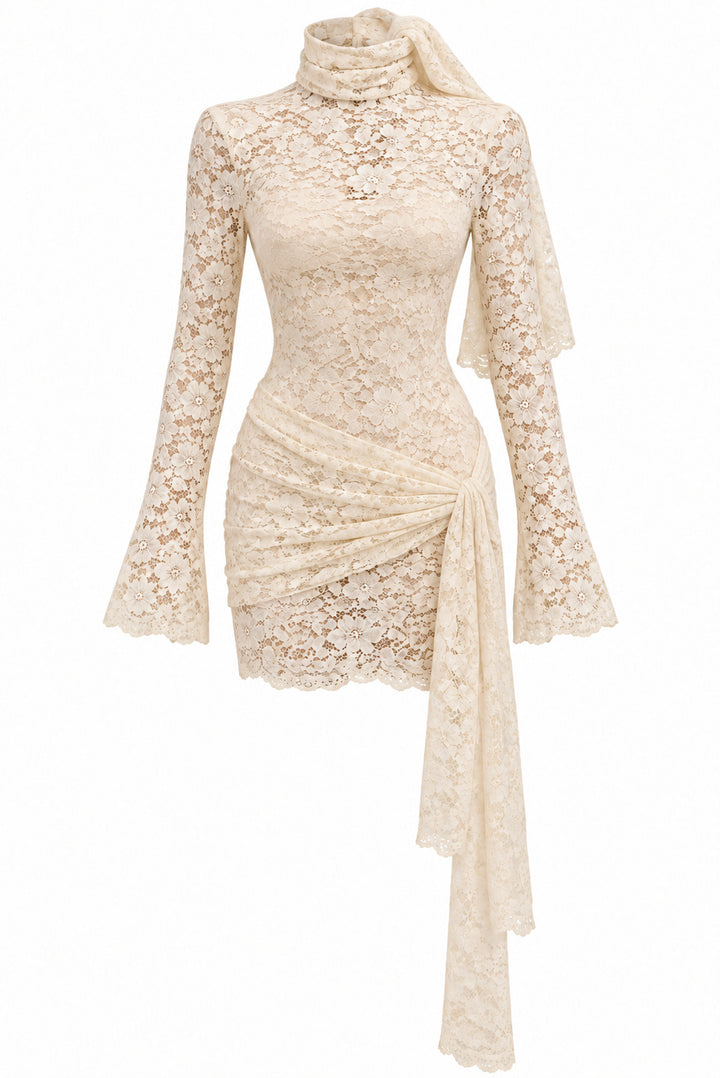 Women's Ivory Floral Lace Mini Dress with High Neck Draped Sash