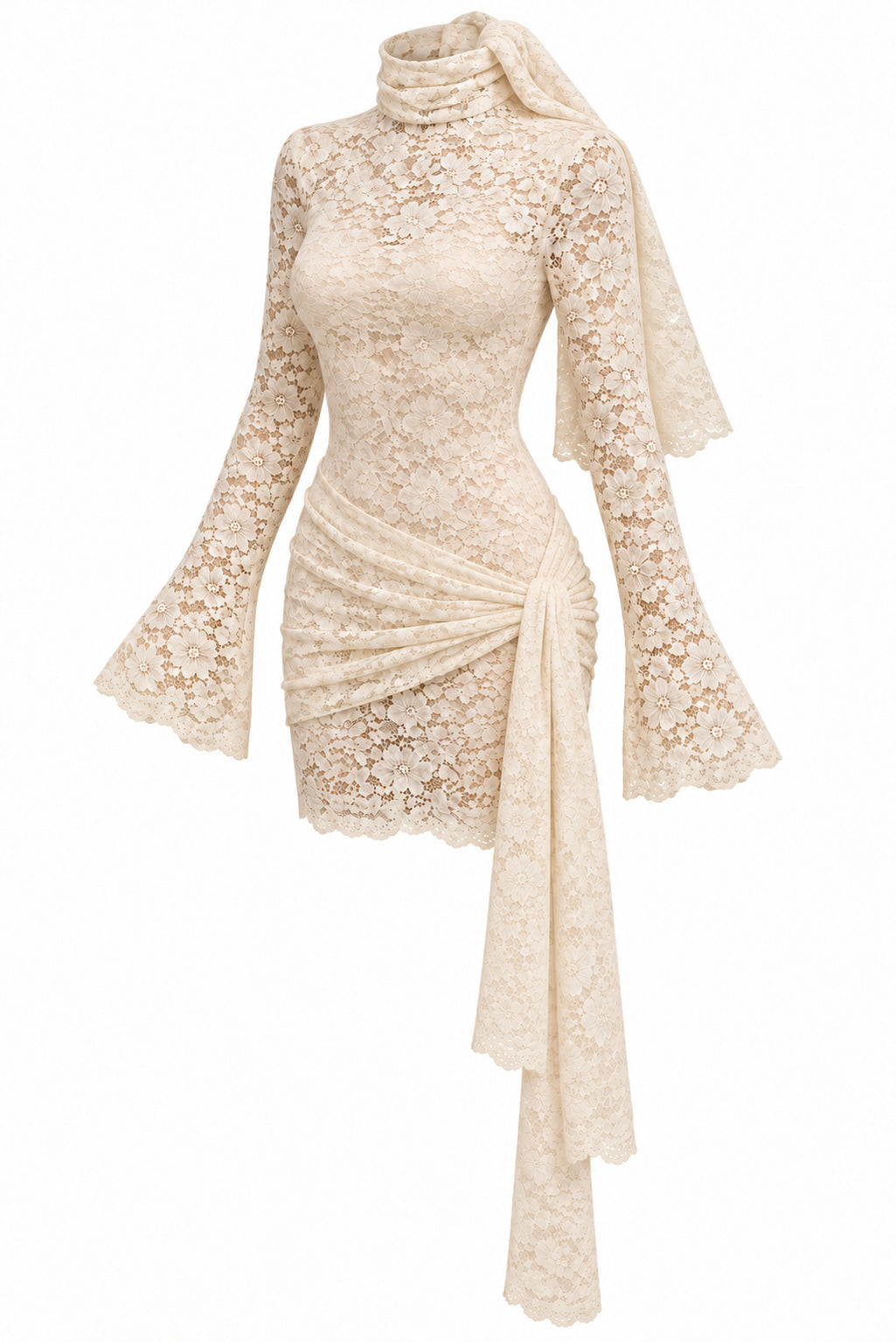 Women's Ivory Floral Lace Mini Dress with High Neck Draped Sash