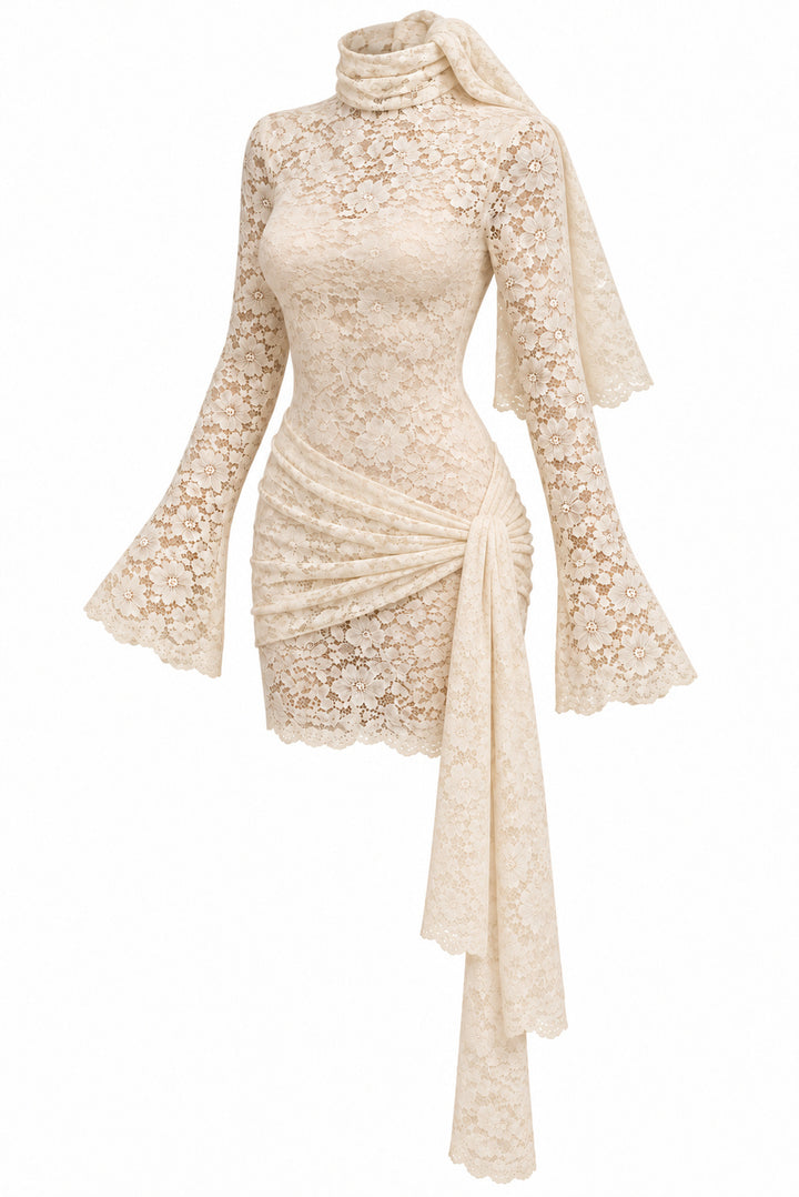 Women's Ivory Floral Lace Mini Dress with High Neck Draped Sash