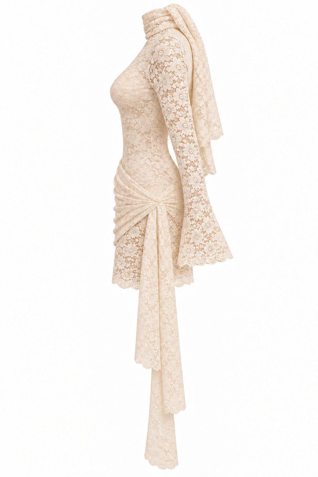 Women's Ivory Floral Lace Mini Dress with High Neck Draped Sash