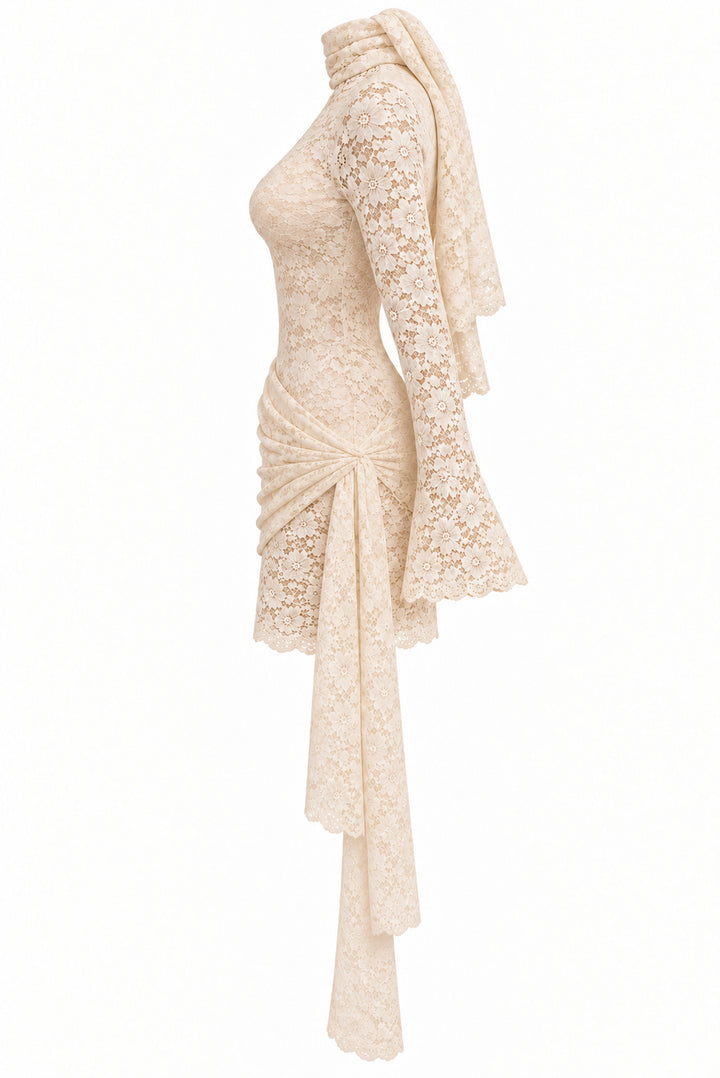 Women's Ivory Floral Lace Mini Dress with High Neck Draped Sash