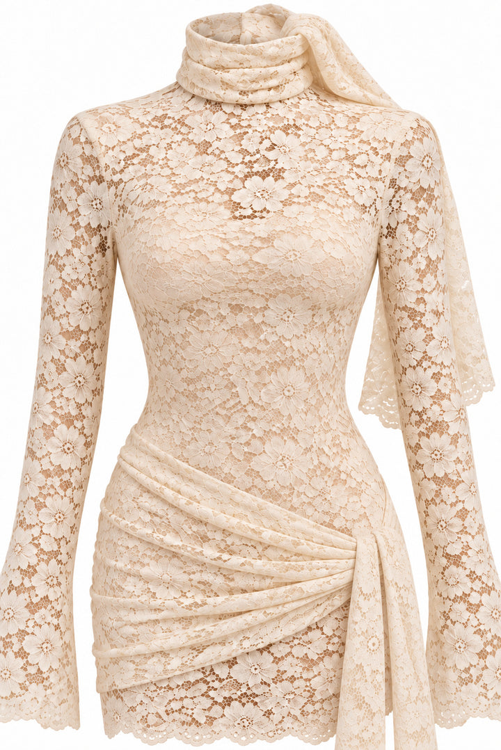 Women's Ivory Floral Lace Mini Dress with High Neck Draped Sash