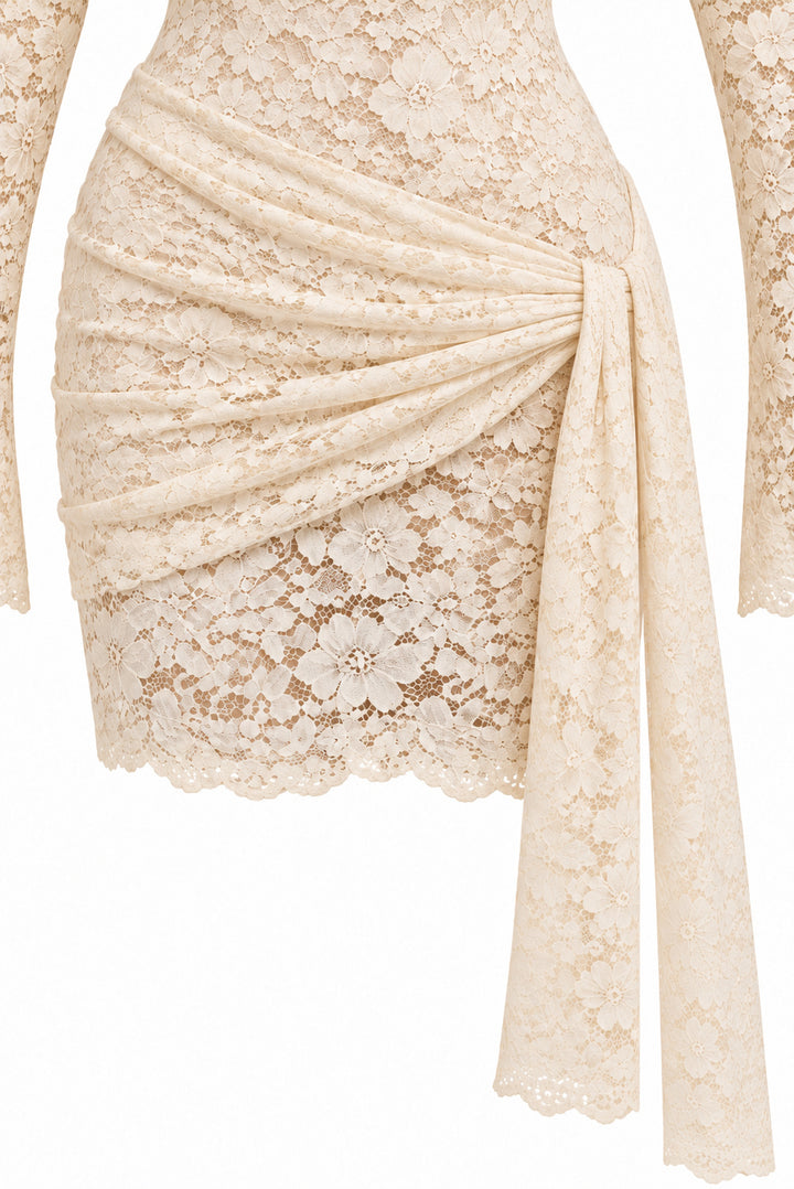 Women's Ivory Floral Lace Mini Dress with High Neck Draped Sash