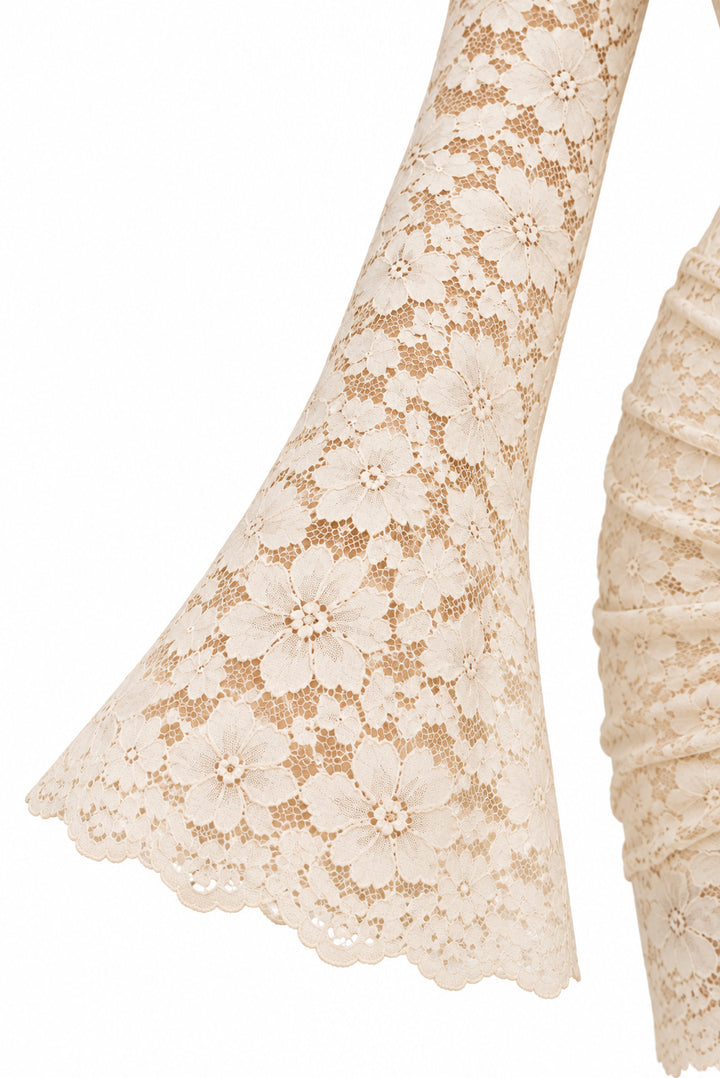 Women's Ivory Floral Lace Mini Dress with High Neck Draped Sash