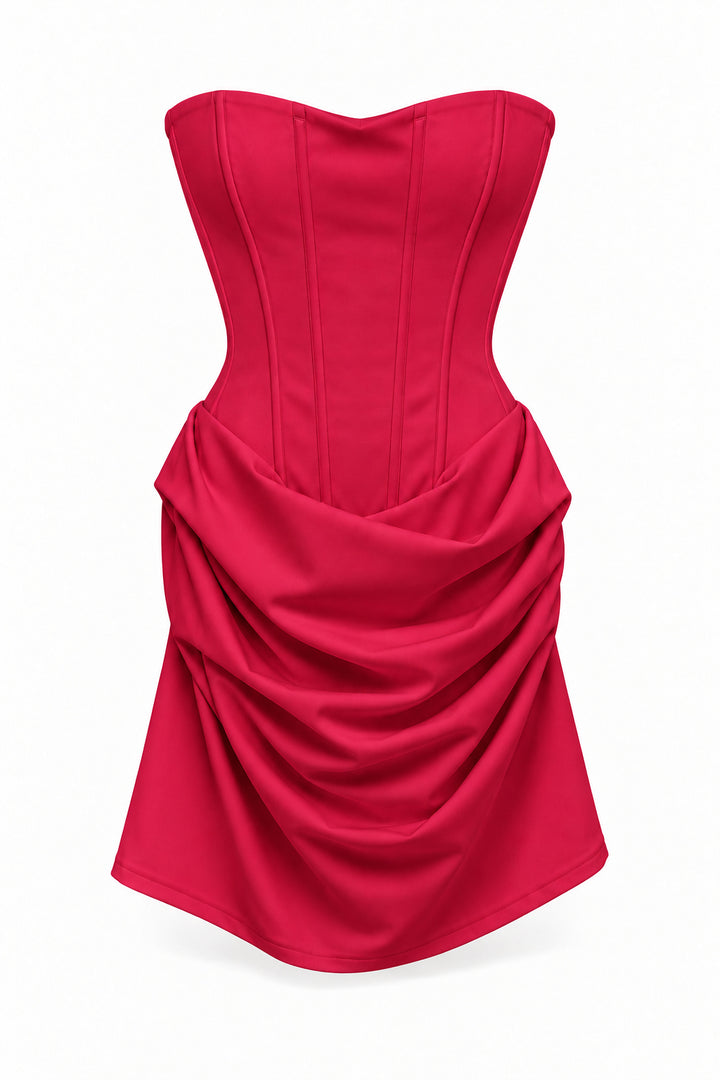 RED Strapless Corset Mini Dress with Draped Skirt