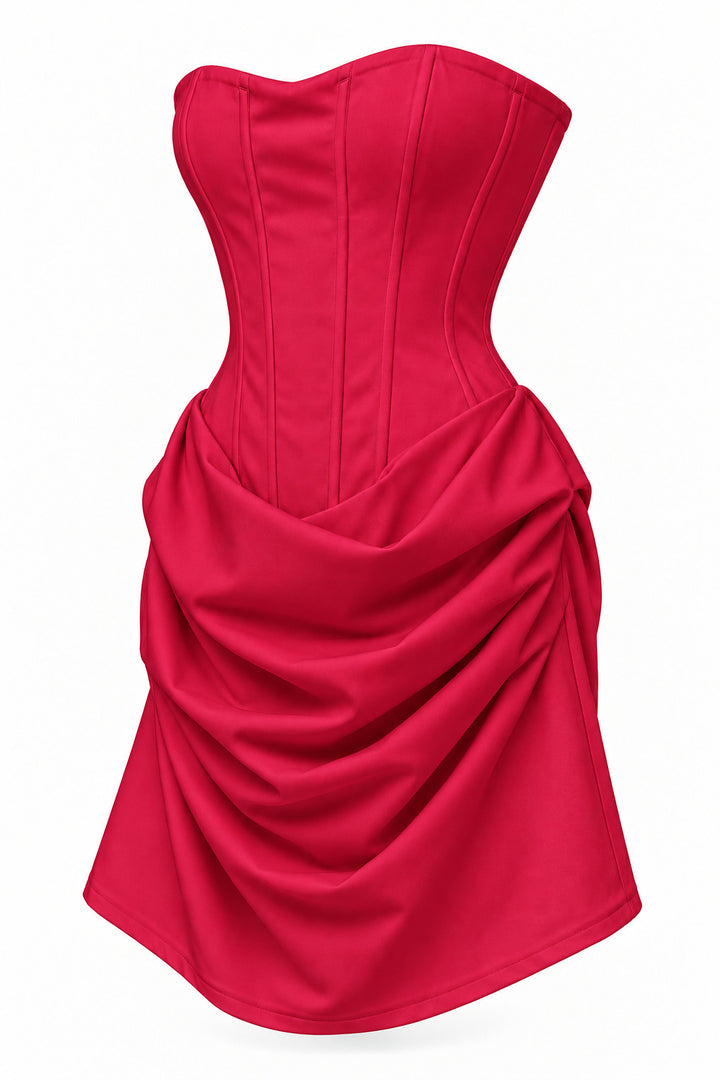 RED Strapless Corset Mini Dress with Draped Skirt
