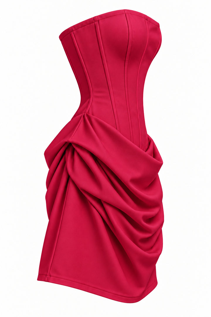 RED Strapless Corset Mini Dress with Draped Skirt