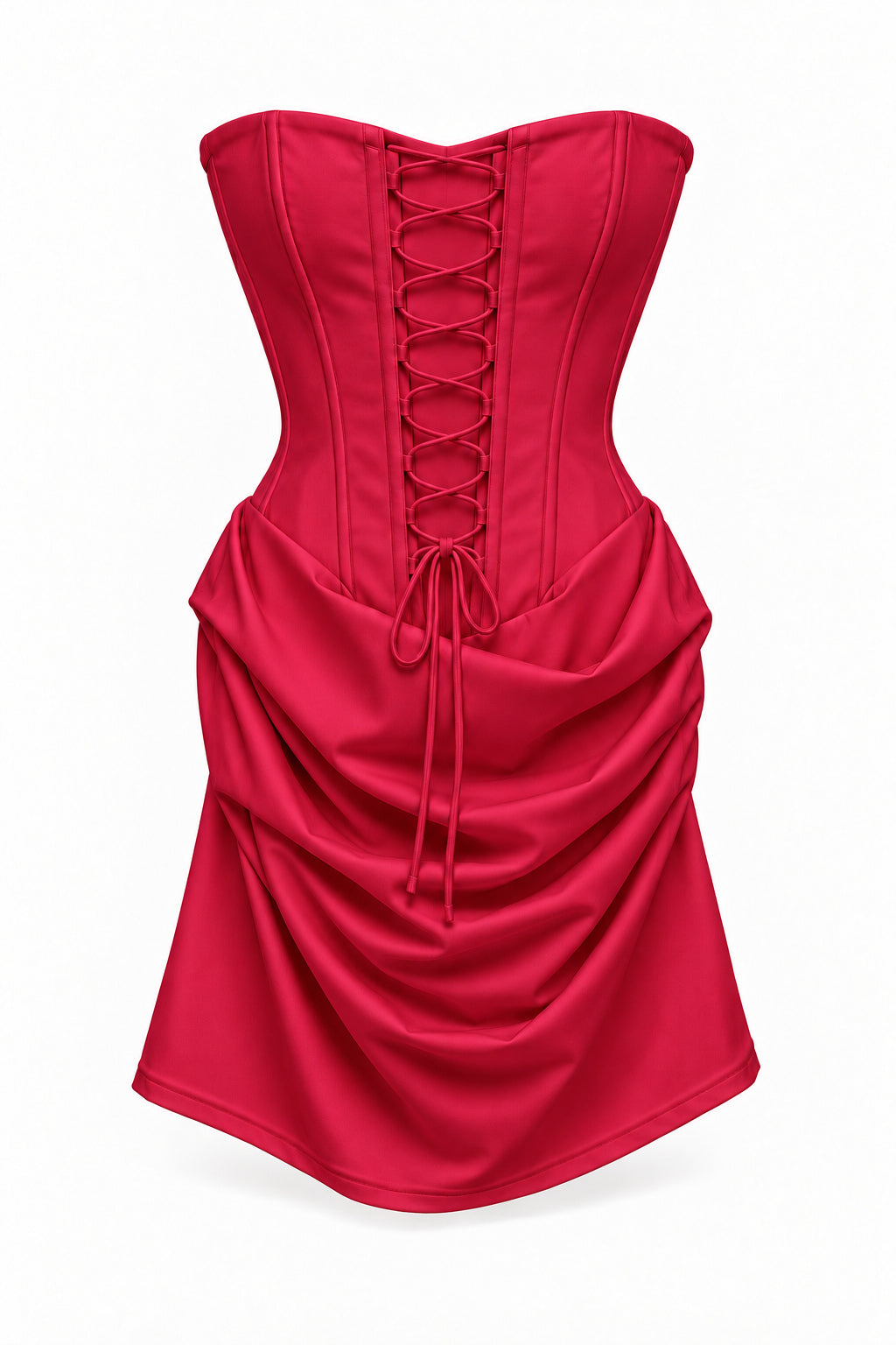 RED Strapless Corset Mini Dress with Draped Skirt