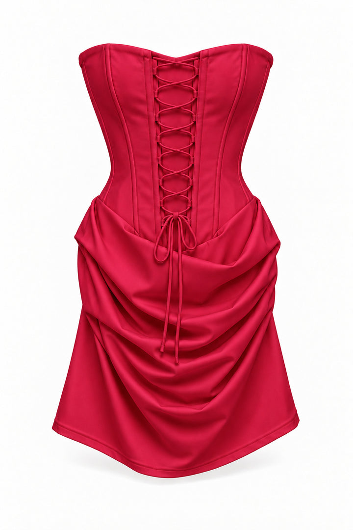 RED Strapless Corset Mini Dress with Draped Skirt