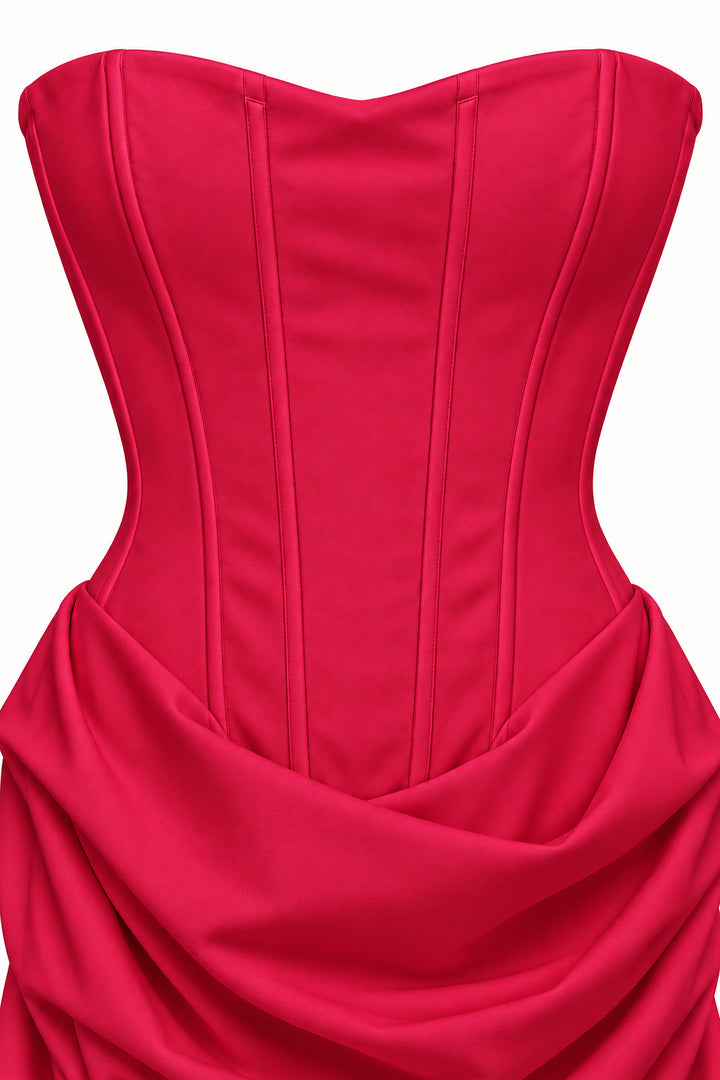 RED Strapless Corset Mini Dress with Draped Skirt