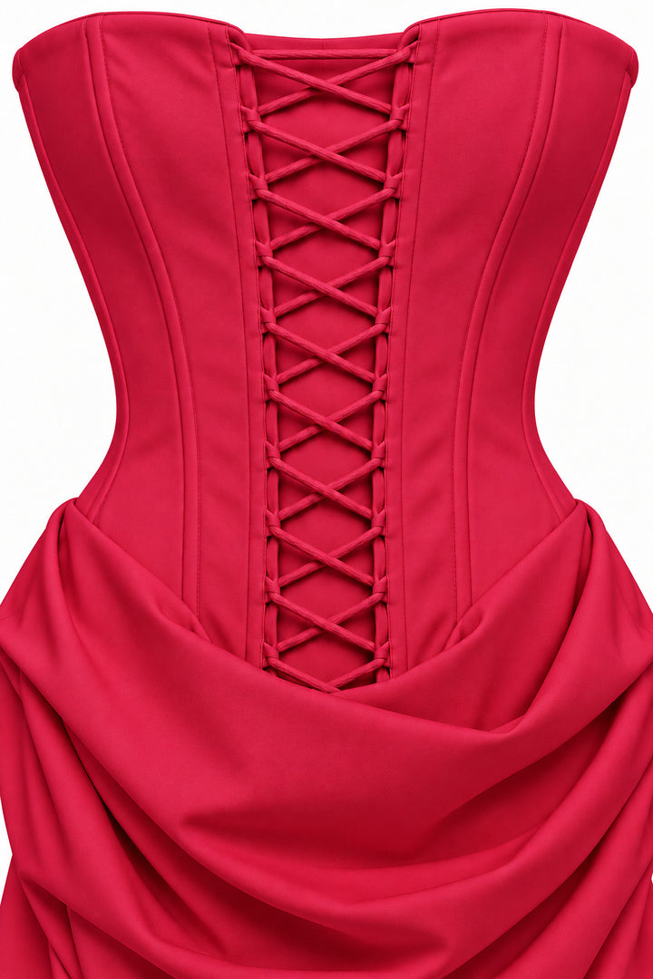 RED Strapless Corset Mini Dress with Draped Skirt