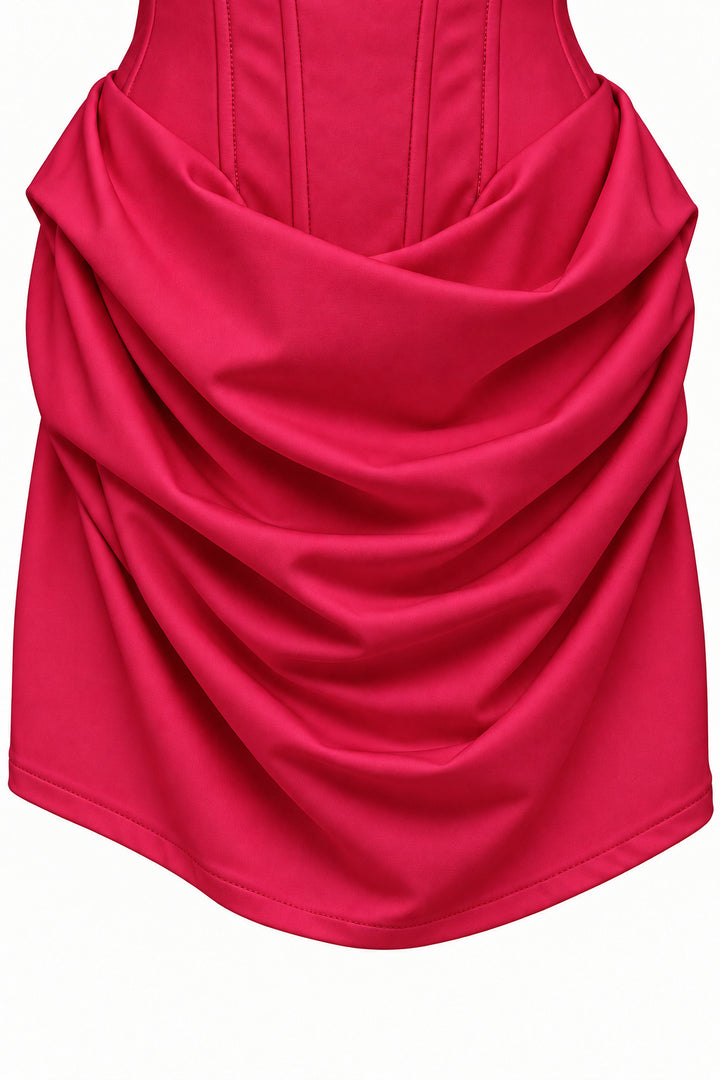 RED Strapless Corset Mini Dress with Draped Skirt