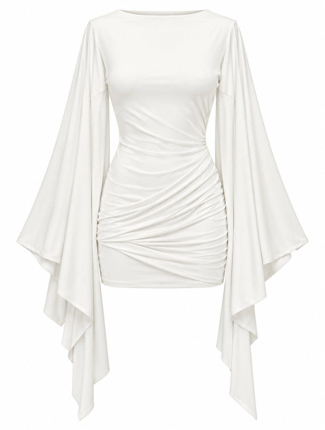 Women’s Elegant Draped Mini Dress with Waterfall Sleeves – White