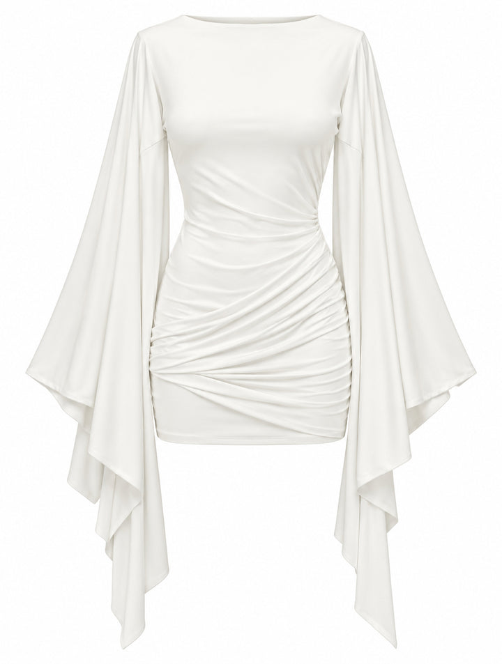 Women’s Elegant Draped Mini Dress with Waterfall Sleeves – White