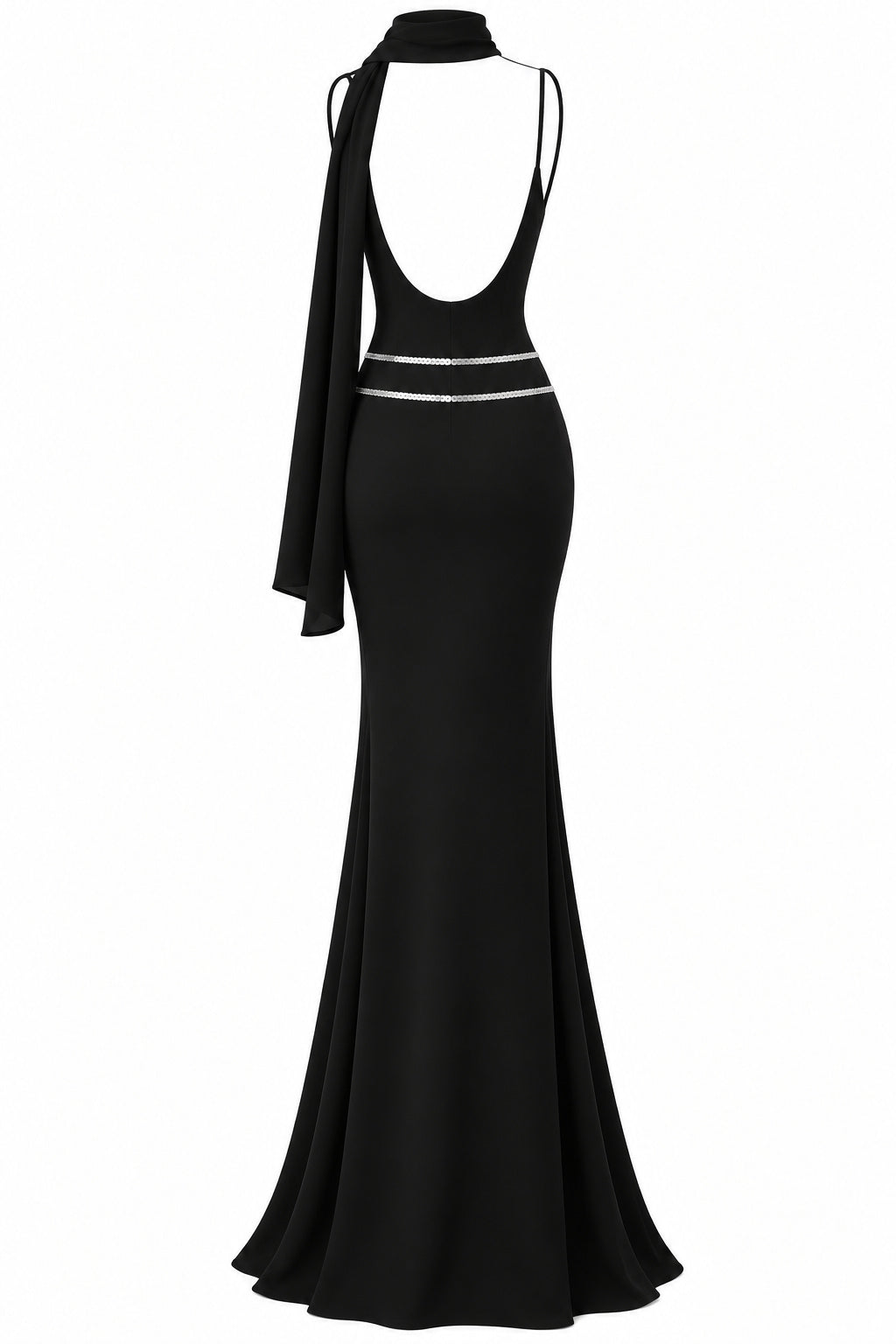 Women's Black Mermaid Maxi Dress with Silver Sequin Details and Draped Scarf