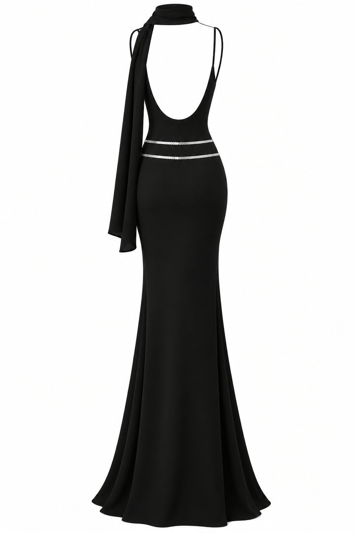 Women's Black Mermaid Maxi Dress with Silver Sequin Details and Draped Scarf