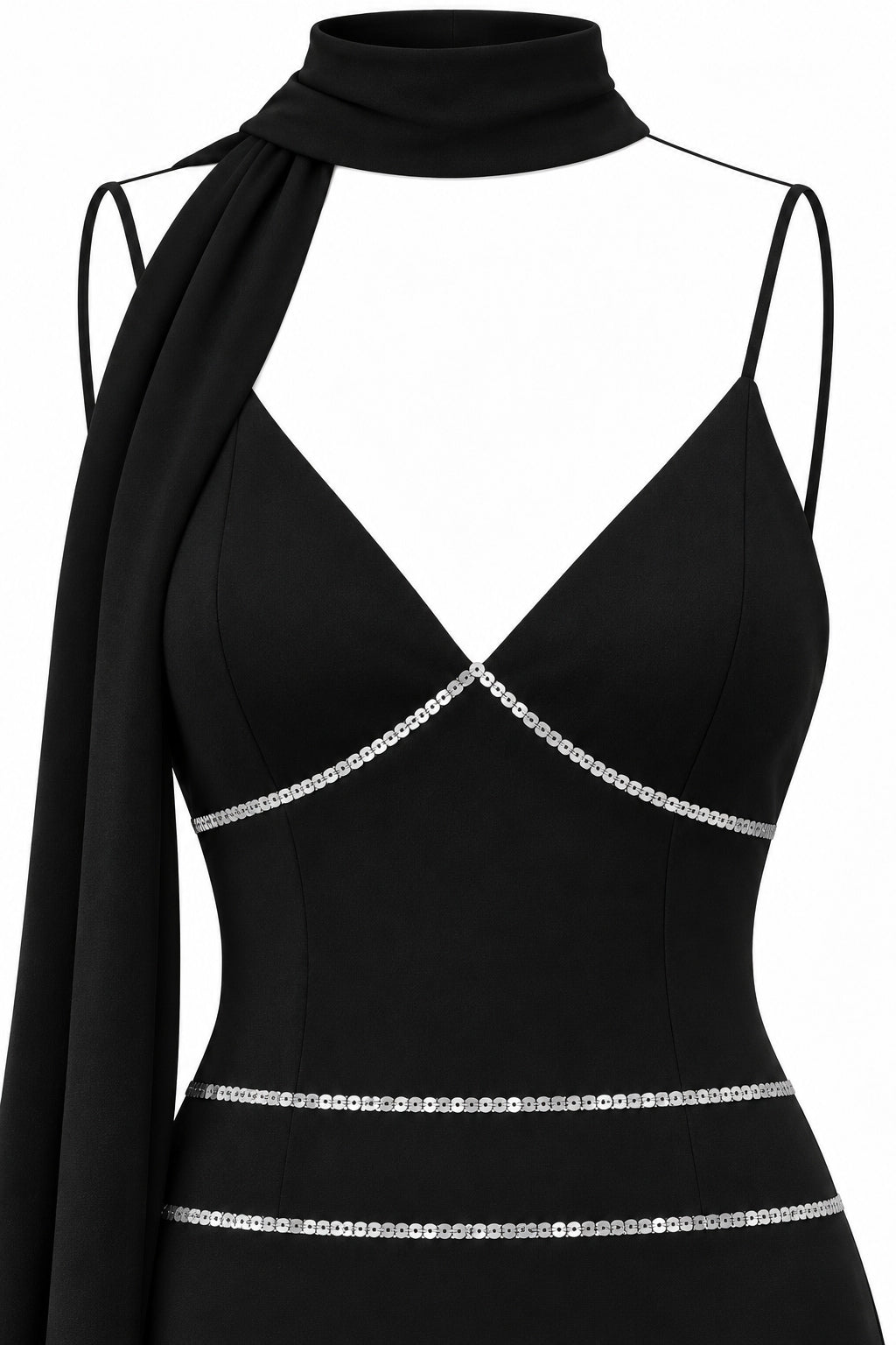 Women's Black Mermaid Maxi Dress with Silver Sequin Details and Draped Scarf