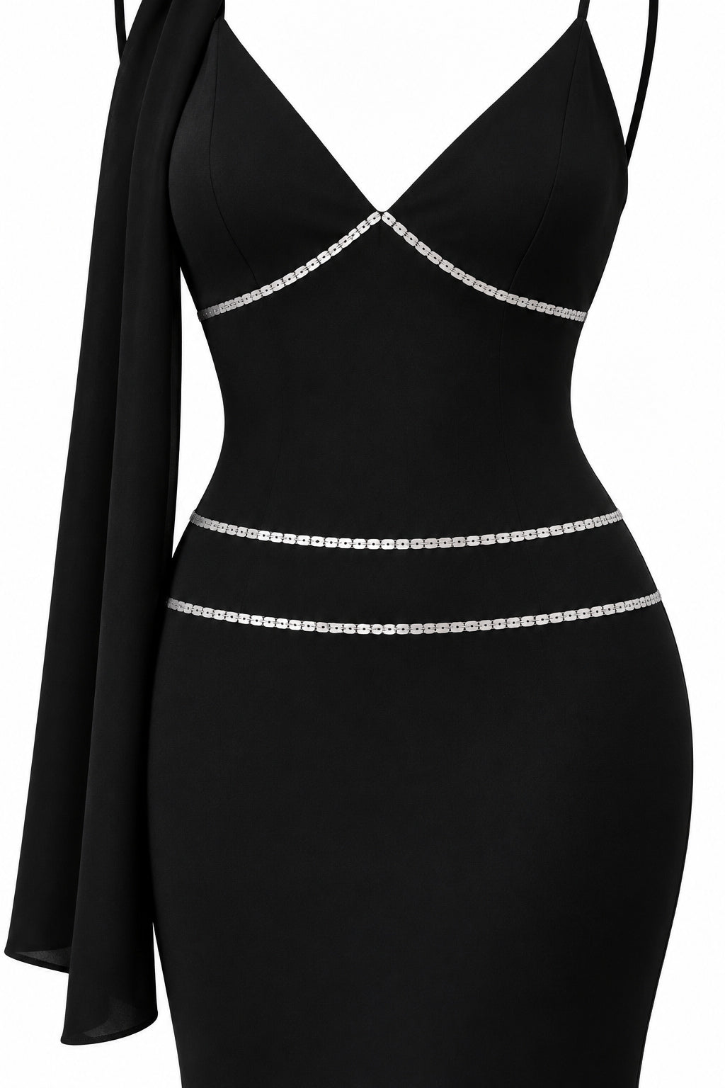 Women's Black Mermaid Maxi Dress with Silver Sequin Details and Draped Scarf