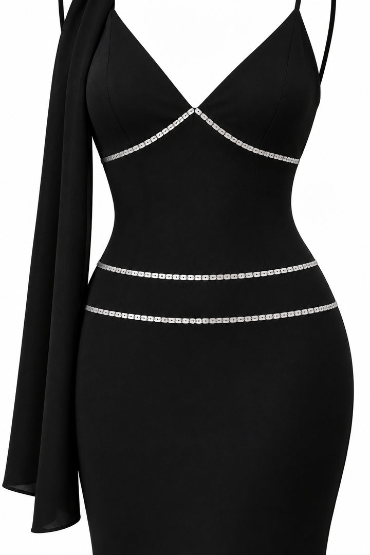 Women's Black Mermaid Maxi Dress with Silver Sequin Details and Draped Scarf