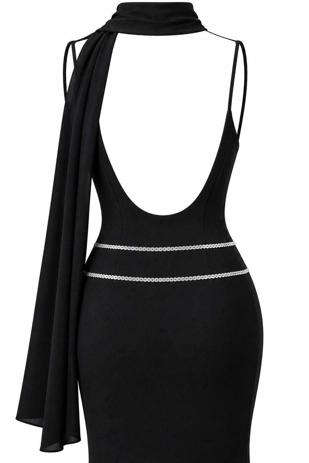 Women's Black Mermaid Maxi Dress with Silver Sequin Details and Draped Scarf