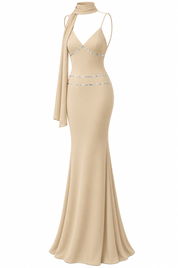 Women's Champagne Beige Mermaid Maxi Dress with Silver Sequin Details and Draped Scarf