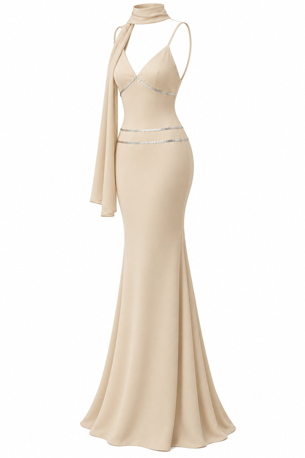 Women's Champagne Beige Mermaid Maxi Dress with Silver Sequin Details and Draped Scarf