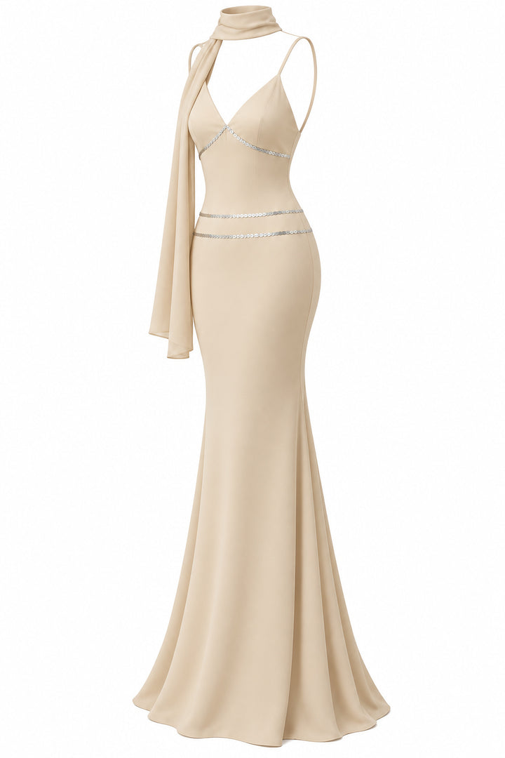 Women's Champagne Beige Mermaid Maxi Dress with Silver Sequin Details and Draped Scarf