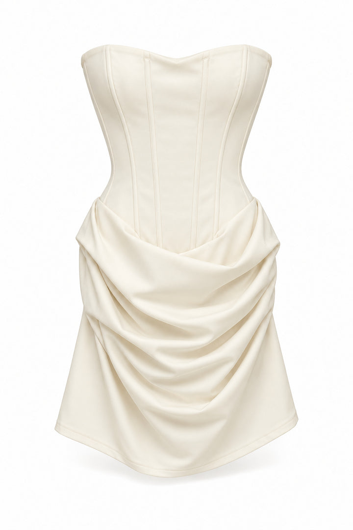 Women's Ivory Strapless Corset Mini Dress with Draped Skirt