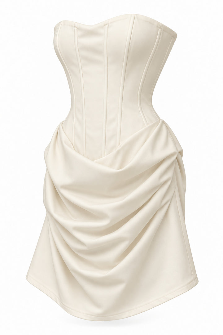 Women's Ivory Strapless Corset Mini Dress with Draped Skirt