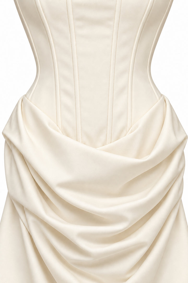 Women's Ivory Strapless Corset Mini Dress with Draped Skirt