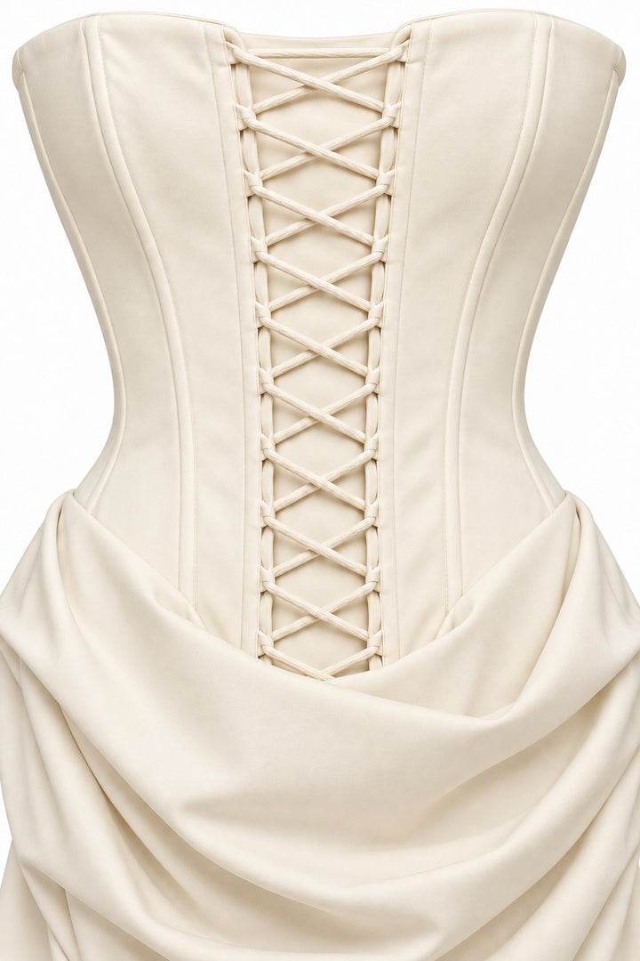 Women's Ivory Strapless Corset Mini Dress with Draped Skirt