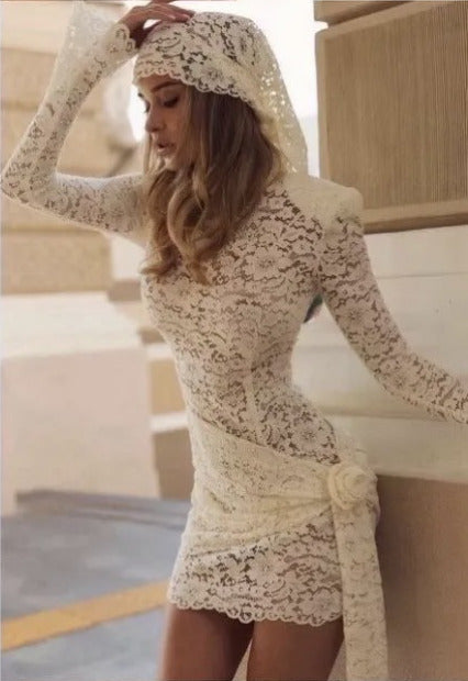 Women's Ivory Floral Lace Mini Dress with High Neck Draped Sash