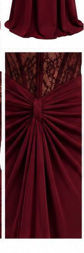 Women’s Burgundy Strapless Lace Corset Maxi Dress with Draped Waist