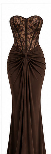 Women’s Chocolate Brown Strapless Lace Corset Maxi Dress with Draped Waist