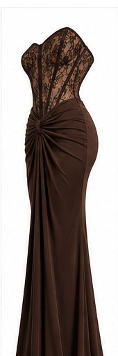 Women’s Chocolate Brown Strapless Lace Corset Maxi Dress with Draped Waist