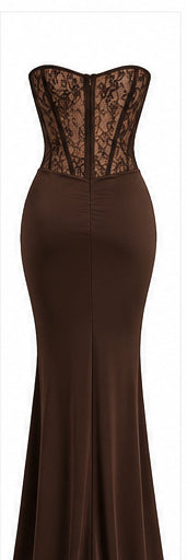 Women’s Chocolate Brown Strapless Lace Corset Maxi Dress with Draped Waist