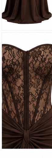 Women’s Chocolate Brown Strapless Lace Corset Maxi Dress with Draped Waist