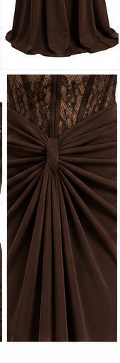Women’s Chocolate Brown Strapless Lace Corset Maxi Dress with Draped Waist
