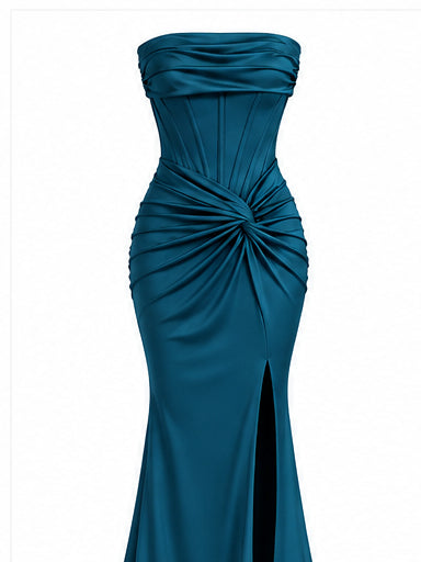 Women’s Teal Strapless Corset Maxi Dress with Draped Waist & Front Slit