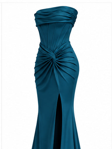 Women’s Teal Strapless Corset Maxi Dress with Draped Waist & Front Slit